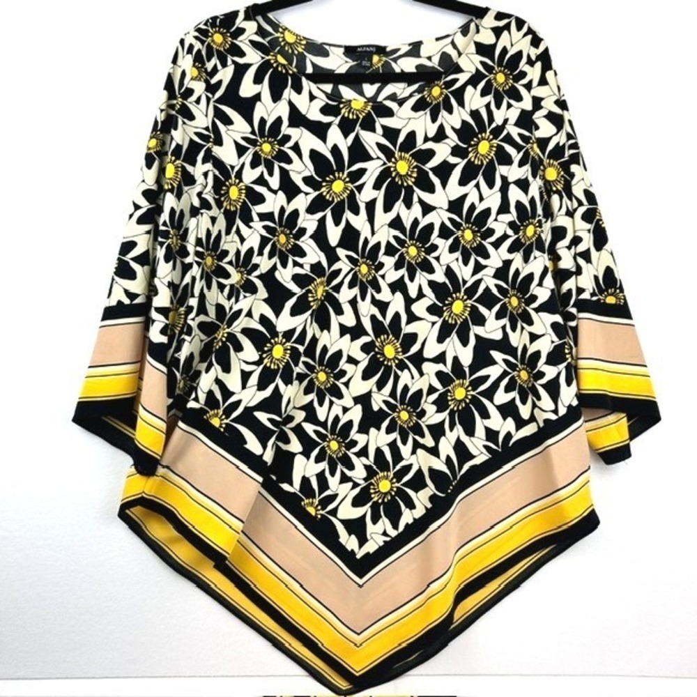 Alfani Poncho Blouse Black Yellow Floral Handkerchief Hem Womens Large